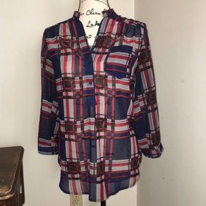 Francesca’s Plaid Red Blue Black Tunic Blouse Top Size Small